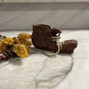 Vtg 1976 American Folk Art Hand-carved Wood Boot w Leather Laces Artist Signed